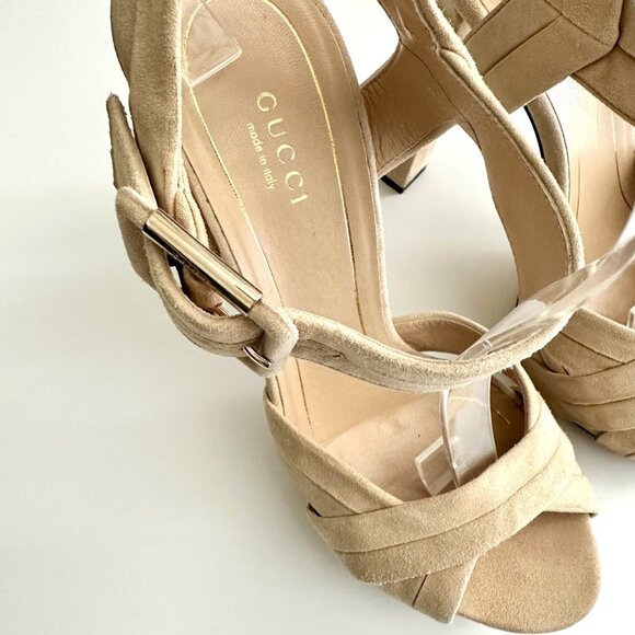 GUCCI Nude Suede Ankle Strap Chunky Heel Platform Sandals Size 38 (US 8) - Picture 12 of 14